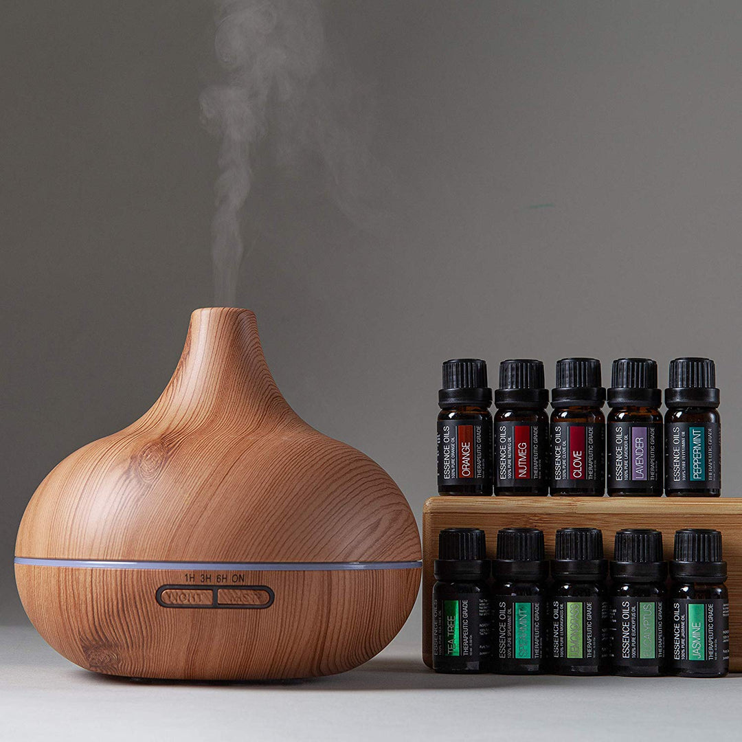 Ultimate Aromatherapy Diffuser & 10pc Essential Oil Set with Stand - Light Wood