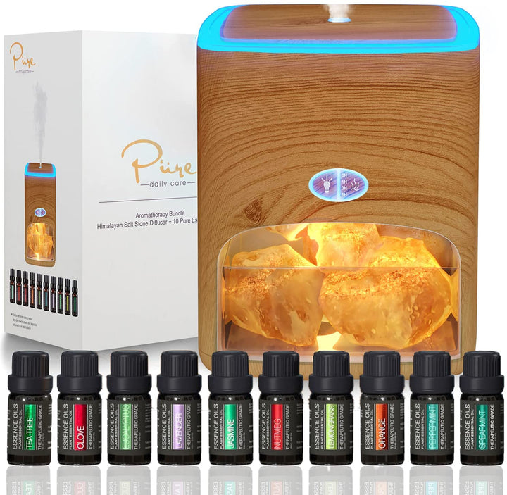 Himalayan Pink Salt Diffuser with 10 Essential Oils - Light Wood