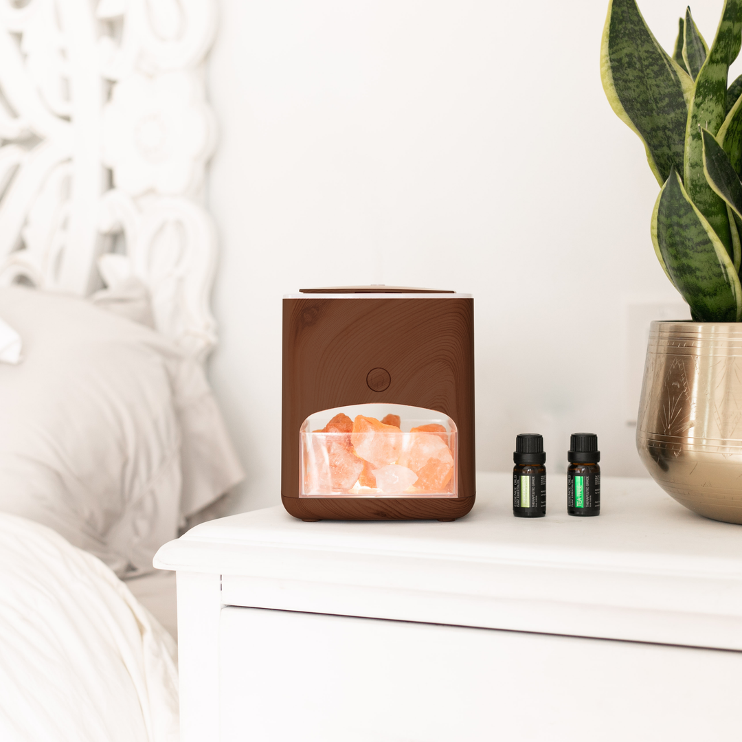 Himalayan Pink Salt Diffuser & 10 Essential Oils - Dark Wood